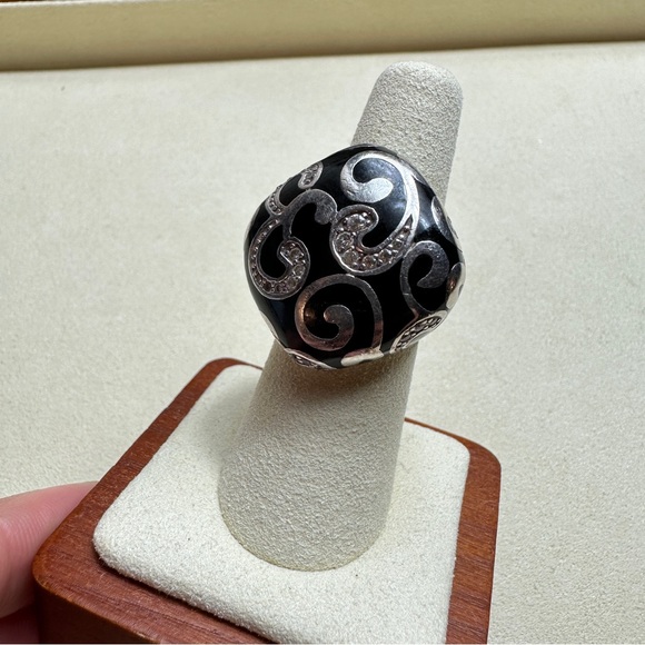 Sterling Silver 925 Black Enamel and Rhinestone Ring - Picture 6 of 14